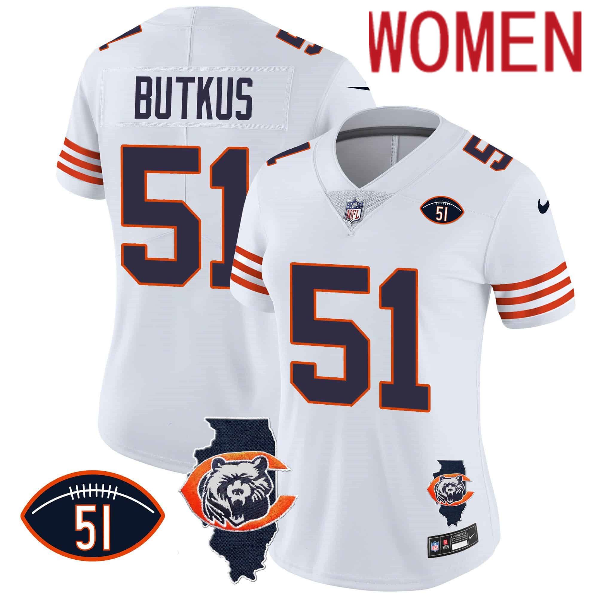 Women Chicago Bears #51 Butkus White 2024 Nike Throwback Illinois Patch Vapor NFL Jersey->women nfl jersey->Women Jersey